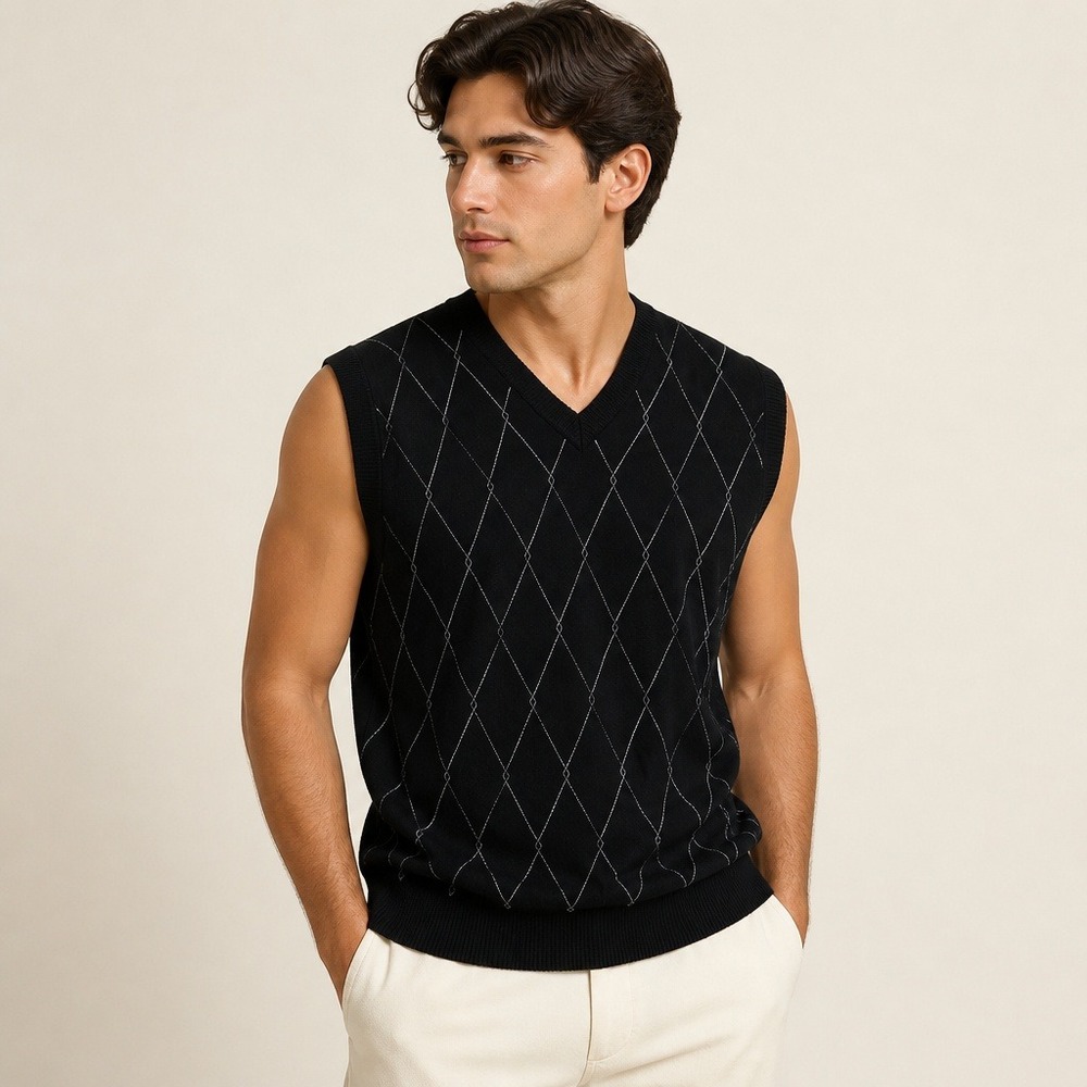 Tasso Elba Golf Mens XXL Black Argyle V-Neck Cotton Sweater Vest Sleeveless